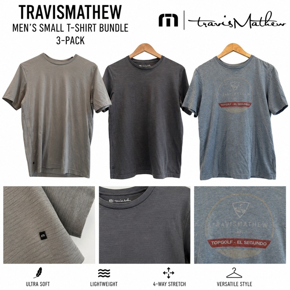 TravisMathew Mens Small Performance T Shirt Bundle Gray Striped Crew Neck 3pc